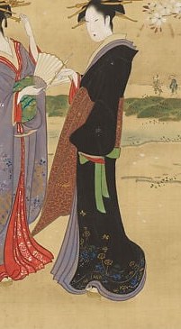 His graceful figures, like these, rivaled Utamaro's in popularity.