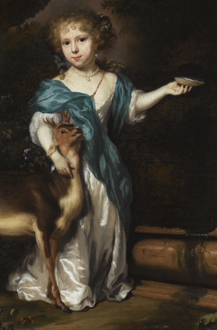 This girl, embodying Ceres (goddess of agriculture) or Diana (goddess of the hunt), holds a deer, symbolizing her role and connection to nature.