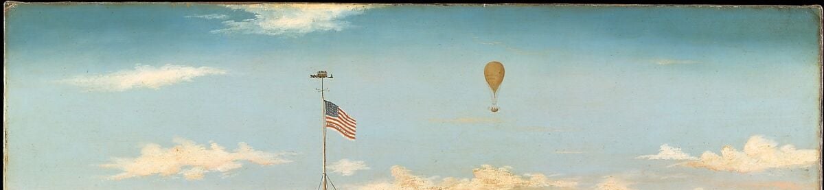 The high, luminous sky creates the feeling of a clear afternoon and gives the balloon and flag room to breathe , the painter uses it to set an optimistic, prosperous mood