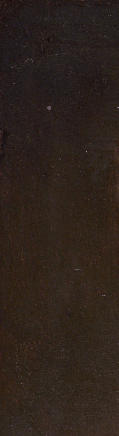 Rembrandt's signature warm darkness , not flat black but layered glazes with indistinct depth; the margin where figure meets background is deliberately ambiguous, dissolving the subject into atmosphere.