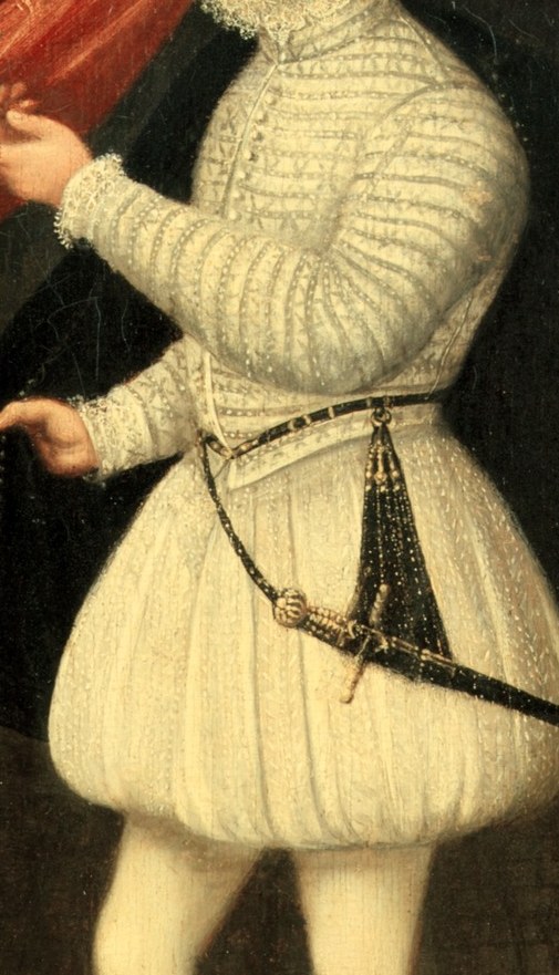 The detailed embroidery and puffed sleeves showcase the artist's skill and the era's opulent fashion.