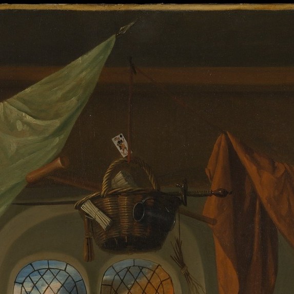The exterior light illuminates the interior chaos without redemption; the mundane Dutch window grounds this morality scene firmly in bourgeois domestic reality.