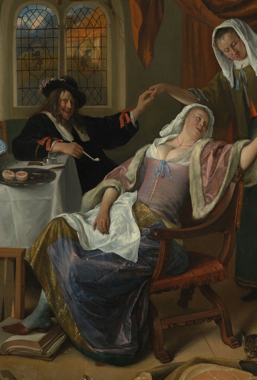 The visual anchor of the whole composition, likely modeled on Steen's wife; her languid sprawl and reaching gesture embody sloth and intemperance at once.