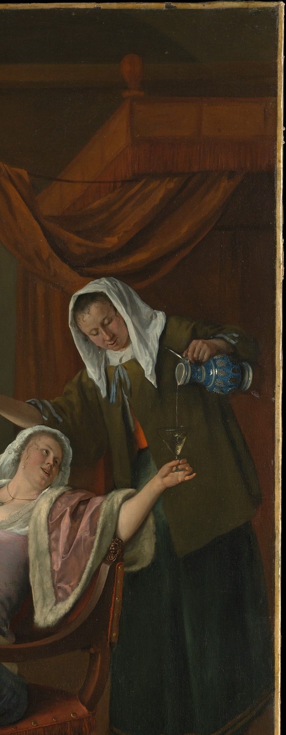 Expensive fabric signals the household's prosperity , the same wealth that enables the vice; the theatrical sweep echoes the stage metaphor built into the entire composition.