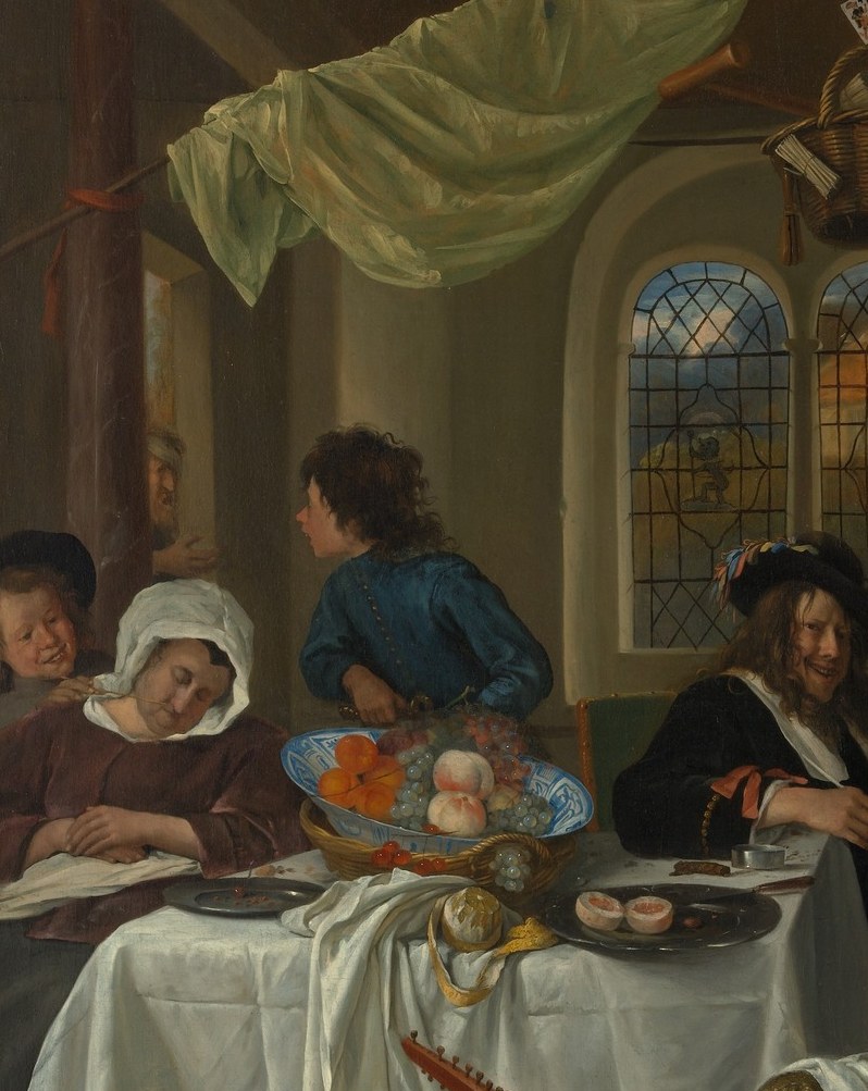 Dutch still-life discipline pressed into a moral argument: the abundance is evidence of gluttony, and the disorder of objects signals domestic breakdown.