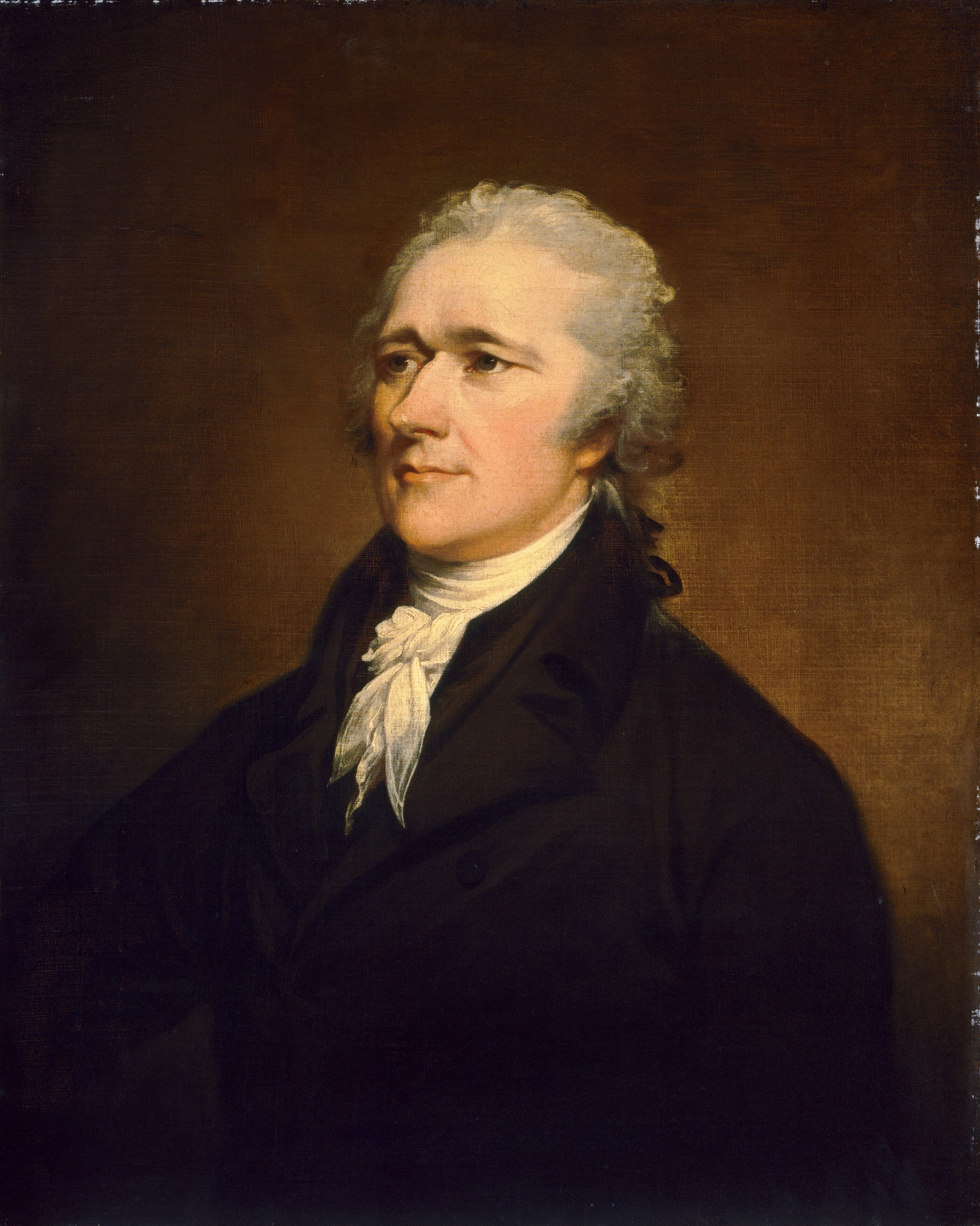 The deep, dark background isolates Hamilton, creating a dramatic effect and focusing all attention on the sitter.