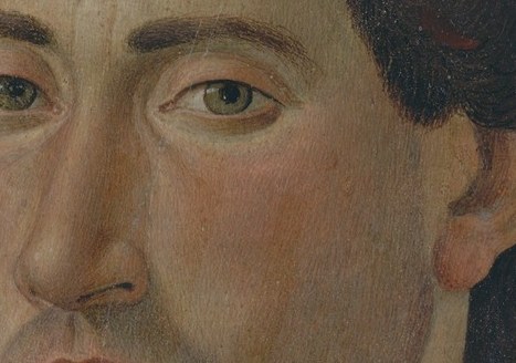 His thoughtful gaze holds the painting's quiet power.