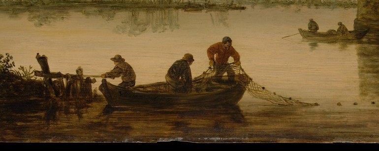 The figures are actively engaged in fishing, showing a slice of daily life and labor.