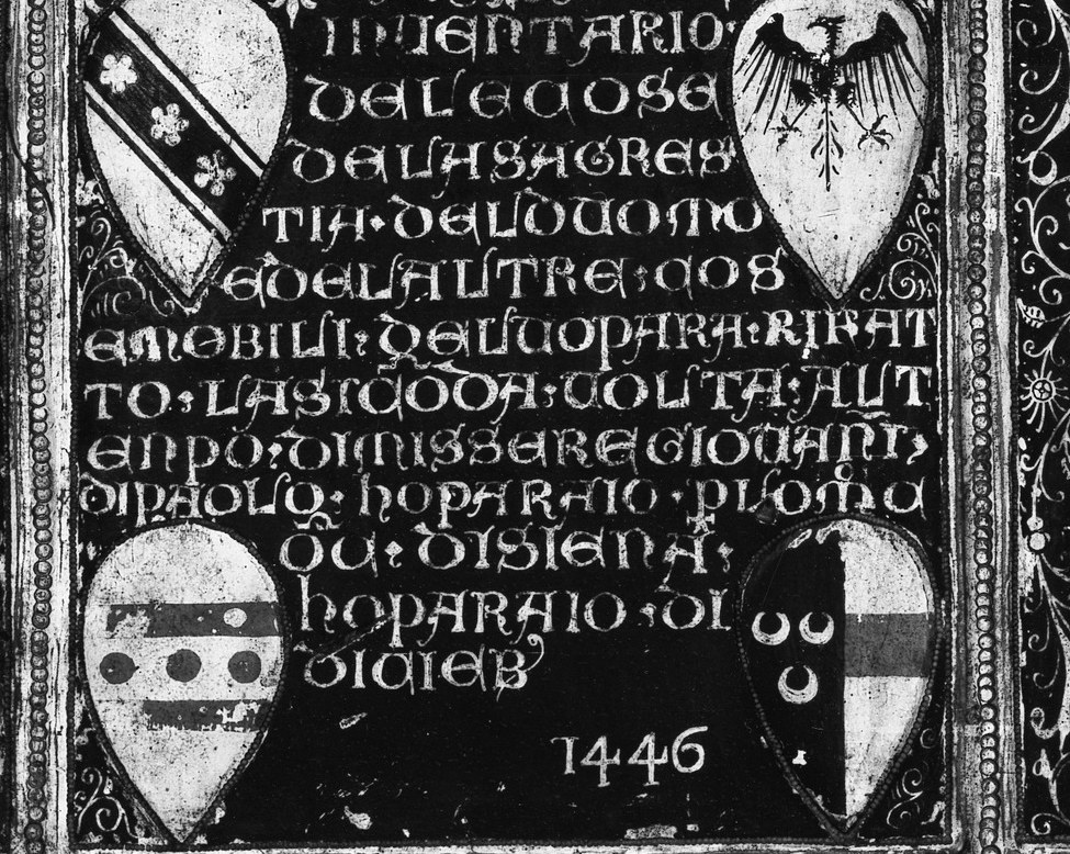 At the center, a block of Latin text further lists names and dates.