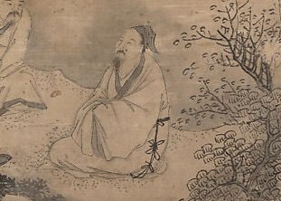 Another figure, bearded, gazes at the flowing river.