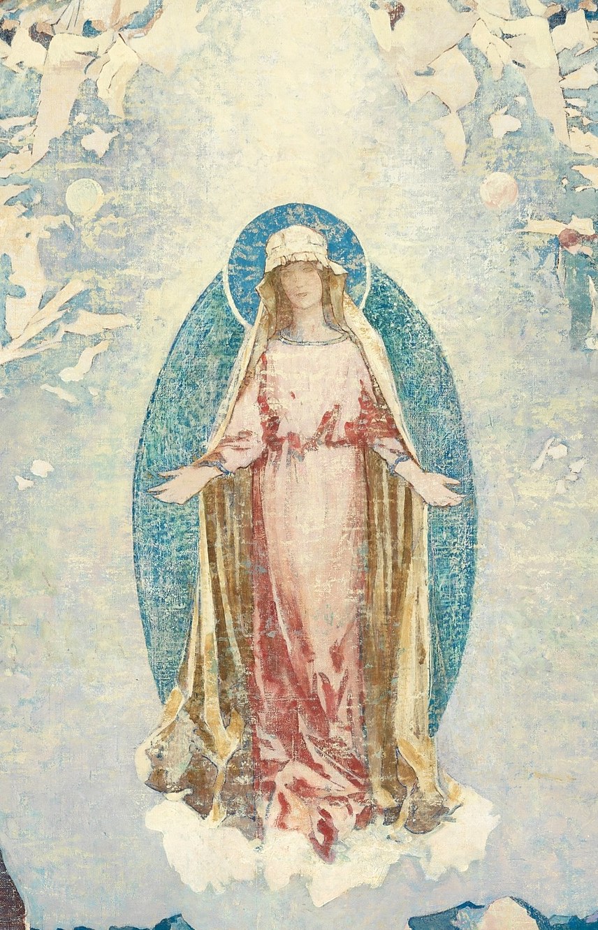 The devotional anchor of the composition; her open-armed posture signals intercession between heaven and the mortal supplicants below, making the viewer the implied recipient