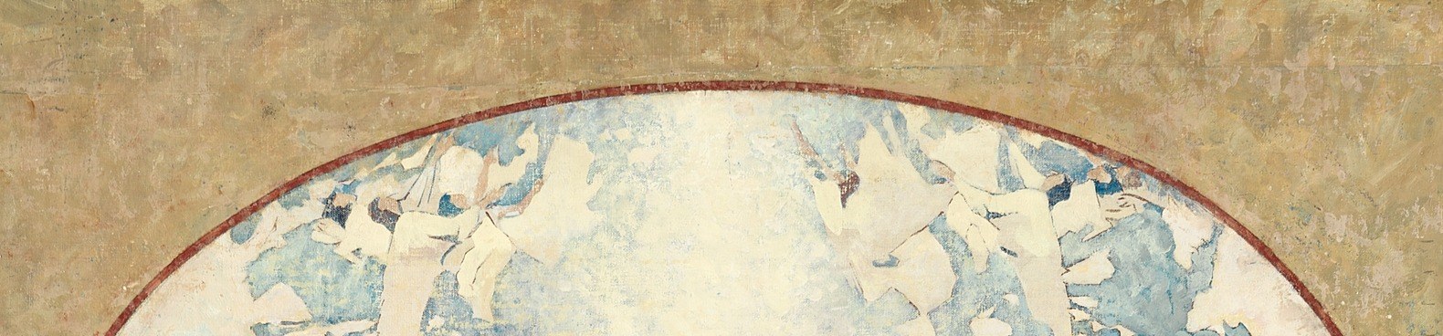 This arch is painted pigment, not a physical frame , Tack built the altarpiece convention into the canvas itself, signaling that the viewer is entering a sacred space, not viewing a picture