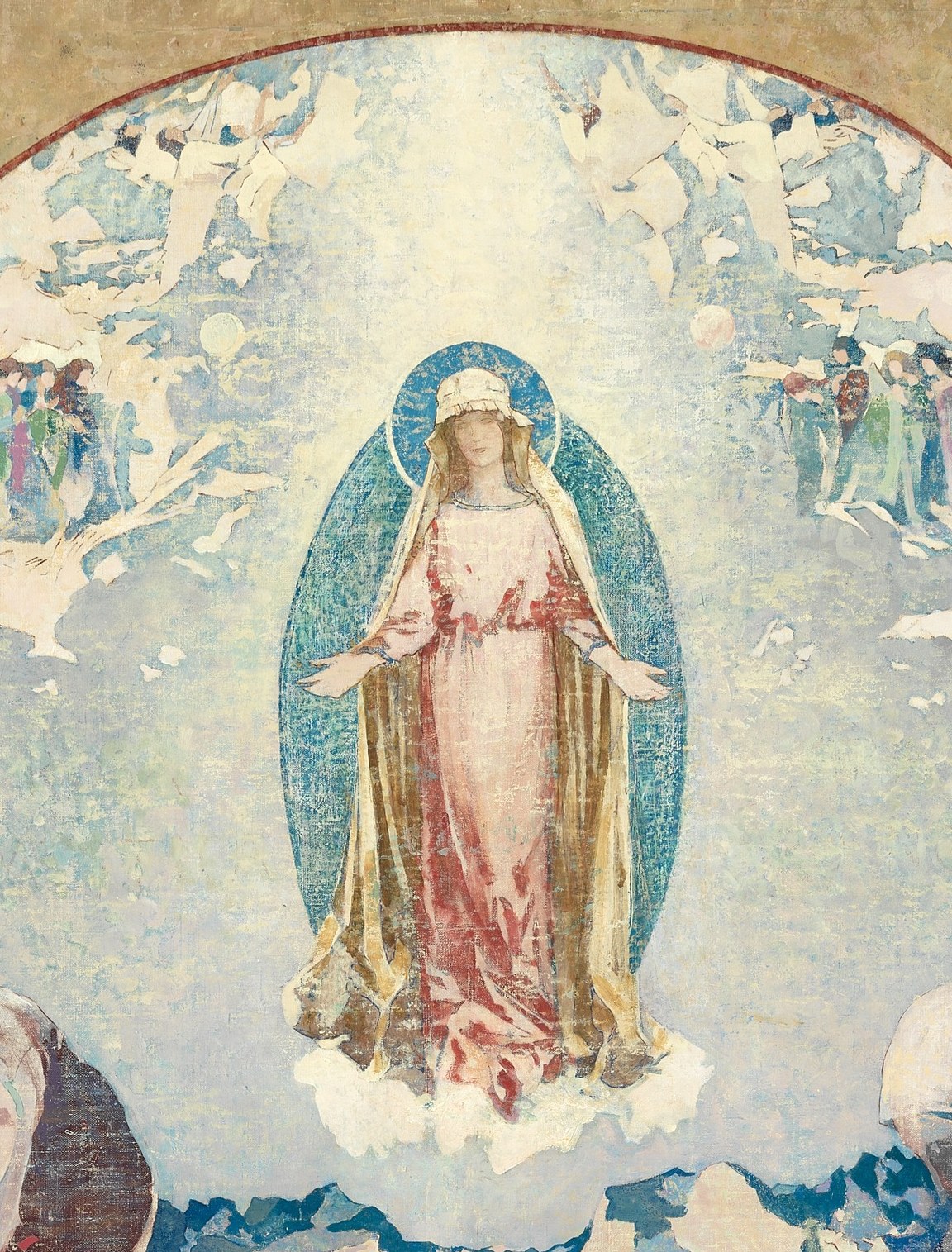 The mandorla (vesica piscis) is a medieval symbol of divine transcendence; Tack's use of it links his 1923 modernism deliberately back to Romanesque altarpiece tradition