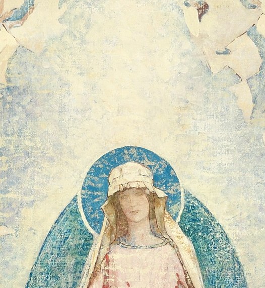 The serene, slightly downward gaze and blue veil , iconographic shorthand for purity since the Byzantine era , are the emotional center the whole painting orbits