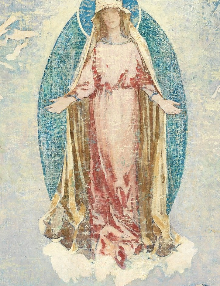 Impasto application is most visible here; red signals charity or Christ's passion, gold divinity , a theological color program encoded in the fabric texture itself