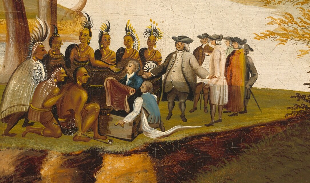 In the background, William Penn makes a peaceful treaty.