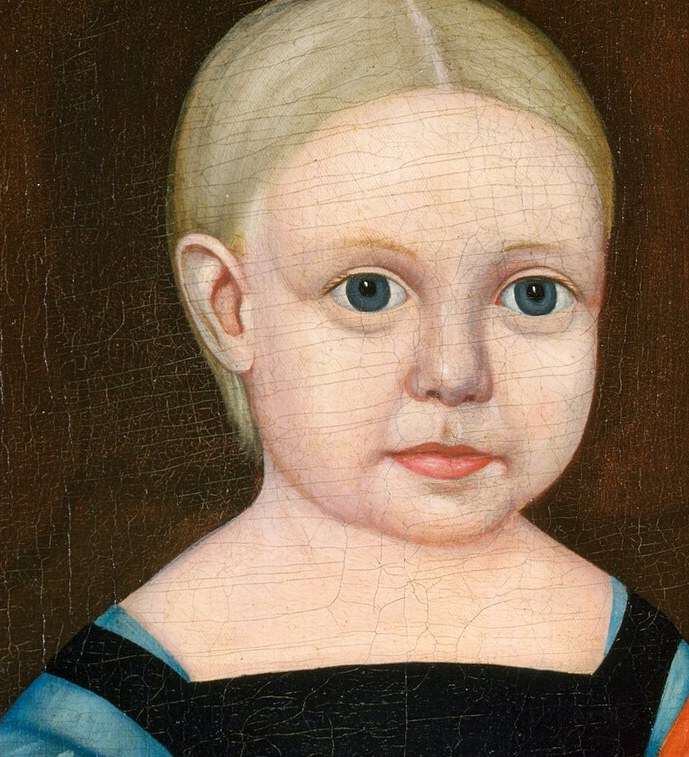 Her wide, direct gaze and slightly parted lips convey a sense of innocence and perhaps a touch of apprehension.