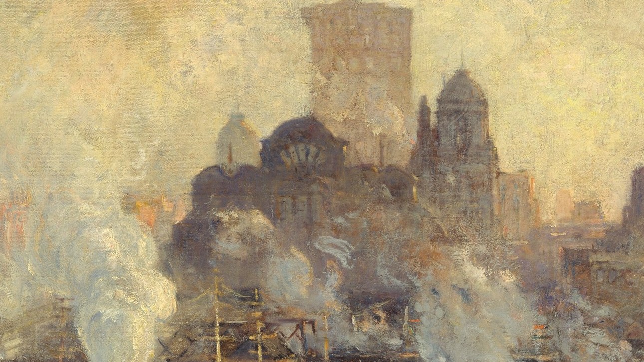 Cooper's architectural subject , the Beaux-Arts bulk of the station looms through the haze, representing civic ambition and the power of infrastructure in early 20th-century New York.