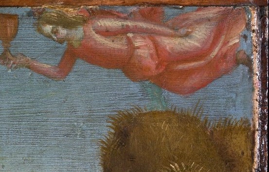 An angel offers a chalice, symbolizing his coming sacrifice.