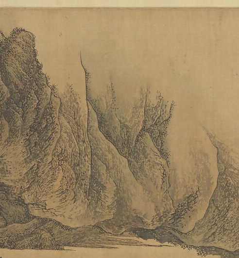 A vertical cliff seals the scroll's right edge like a curtain.