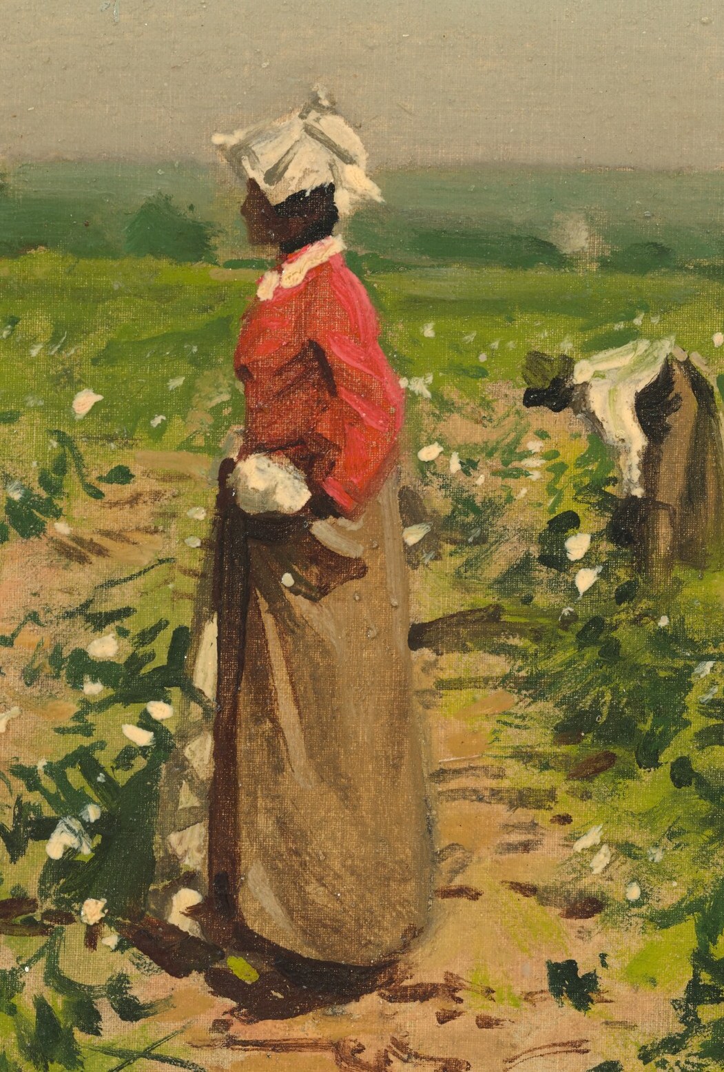 The woman in red pauses to watch her.
