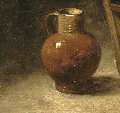 This humble jug, likely holding drink, grounds the scene in everyday domesticity and hints at the simple pleasures of life.