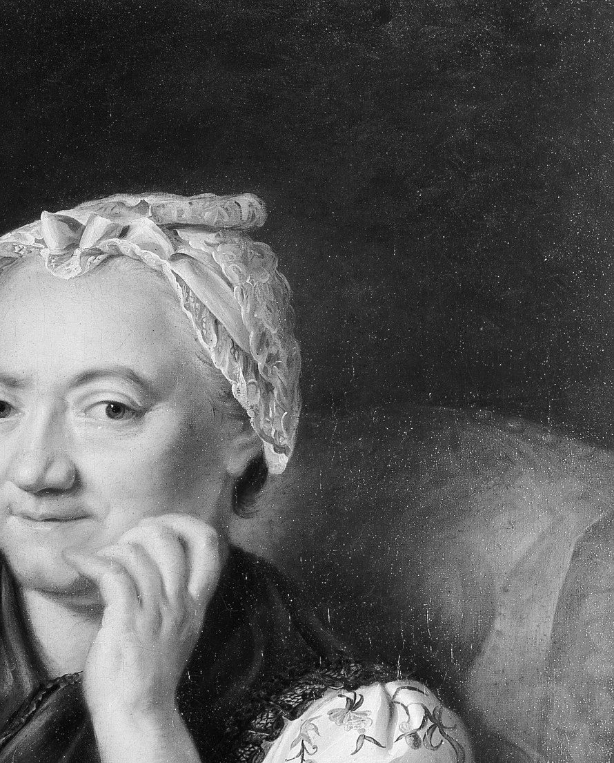 A standard Baroque/Rococo portrait device to frame the sitter, but here the bird emerging from it transforms it from backdrop into a symbolic space