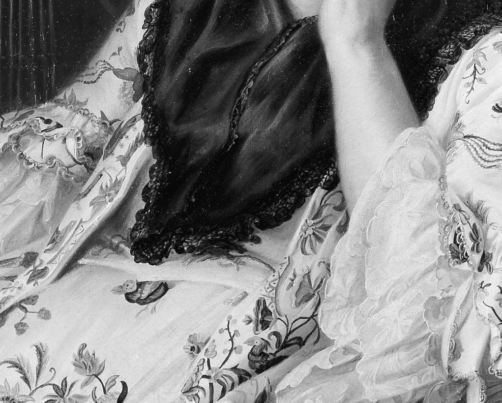 The intricate dark embroidery on white lace demonstrates extraordinary textile rendering , a status marker showing the sitter's wealth and social standing