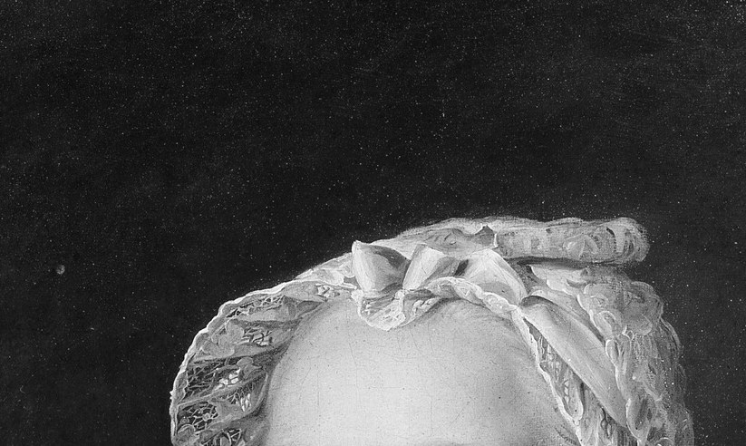 The cap identifies her likely as a married bourgeois or aristocratic woman; its delicate lacework mirrors the dress and frames her face
