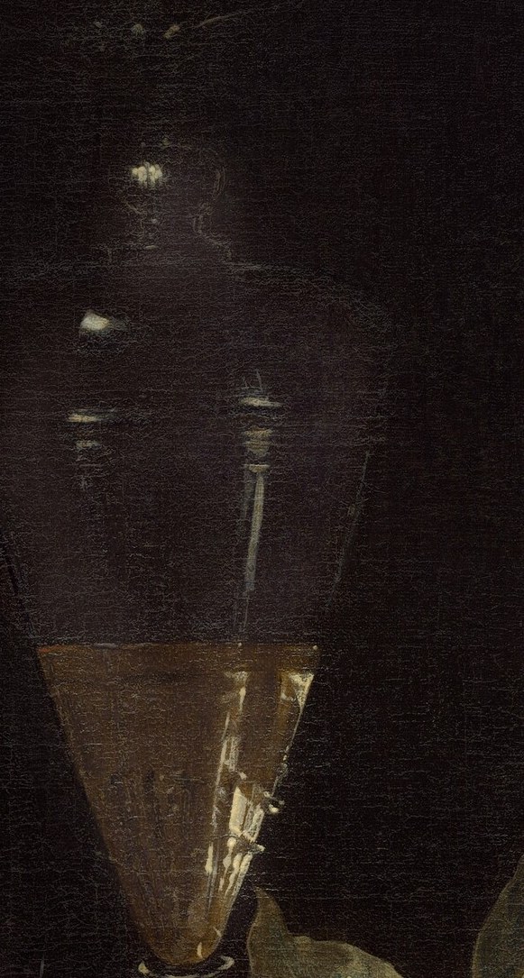 The light refracting through the glass and wine creates a luminous effect, showcasing the artist's skill with transparency.
