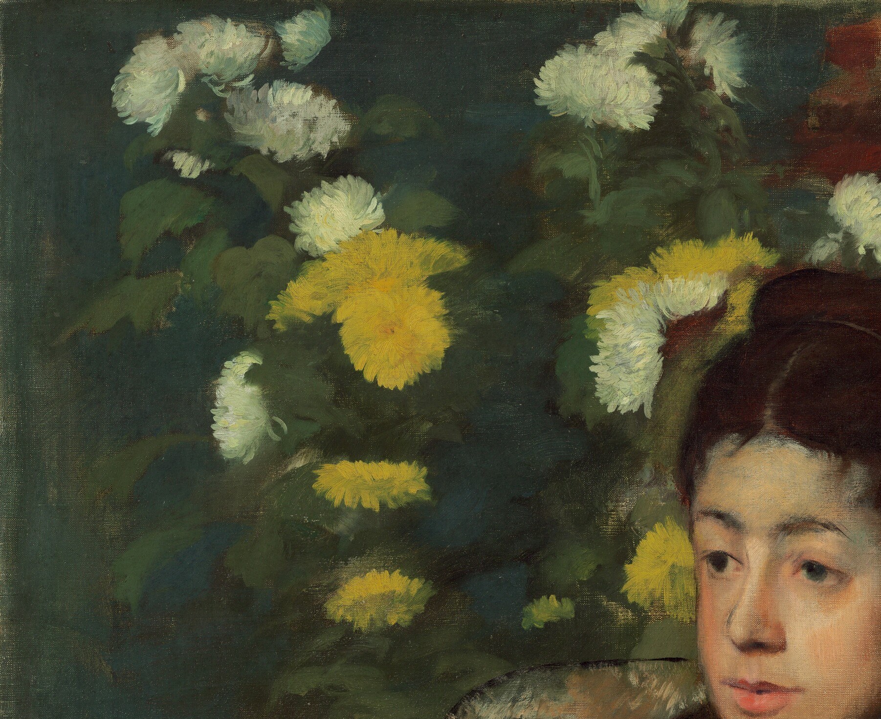 These flowers, rendered with loose brushstrokes, provide a vibrant contrast to the sitter's somber attire and mood.