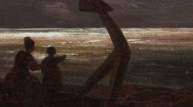 Her arm extends toward the distant water.