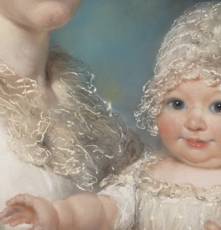 The baby stares directly out with wide, lively eyes that contrast sharply with the mother's composed demeanor , this gaze-to-viewer connection is the painting's emotional spark.
