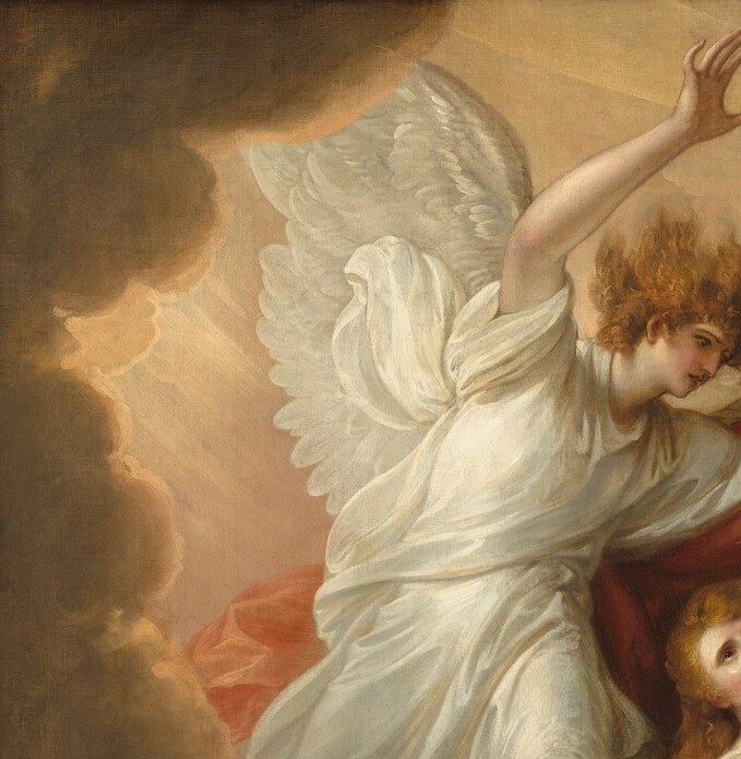 The divine enforcer of expulsion , his downward momentum and authority drive the entire composition; West places him in the zone of light to mark him as heaven's agent