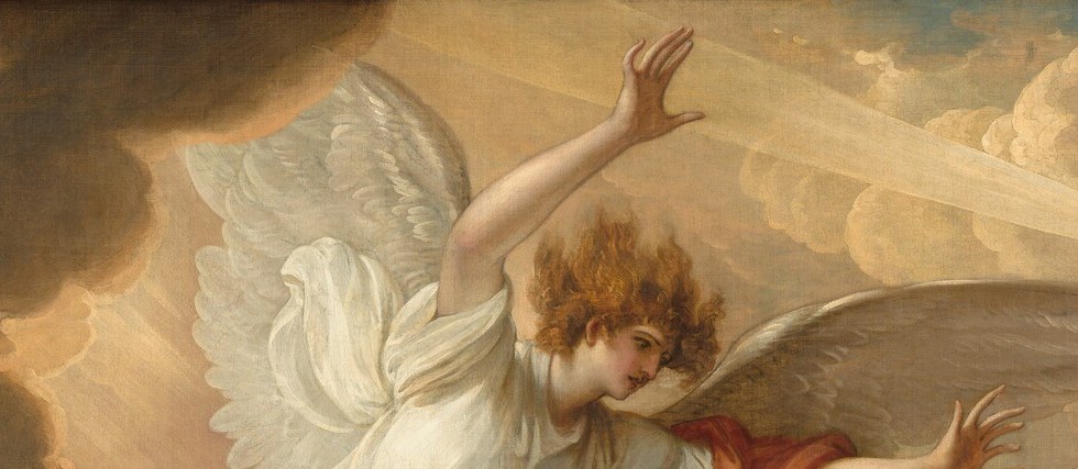 Heaven's last visible presence in the painting , a Baroque chiaroscuro device where everything left of center is lit by God, everything right falls into exile's shadow