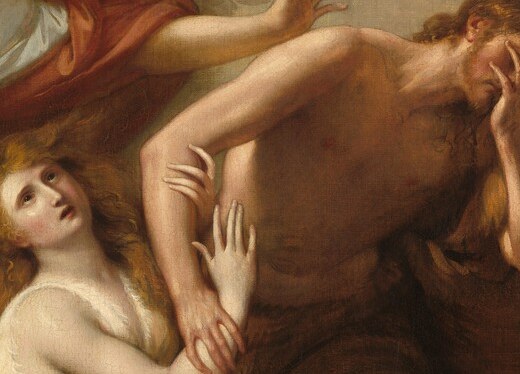 The emotional climax of the canvas , she alone confronts the angel directly; her expression blends grief, supplication, and the first knowledge of consequence