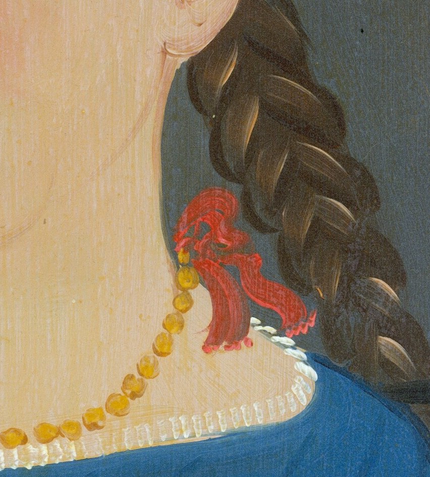 Her hair is carefully braided. Red ribbons, tied just so.
