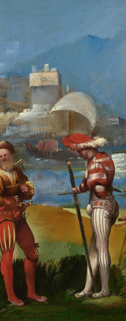 Full-length figure in Renaissance armor with spear commands the right margin as a sentinel; his posture and gleaming breastplate anchor the composition and suggest Trojan military hierarchy.