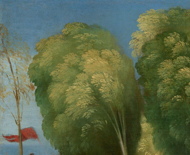 Dossi's signature saturated foliage caps the scene; its emerald mass balances the architectural right side and is characteristic of his Ferrarese landscape style.