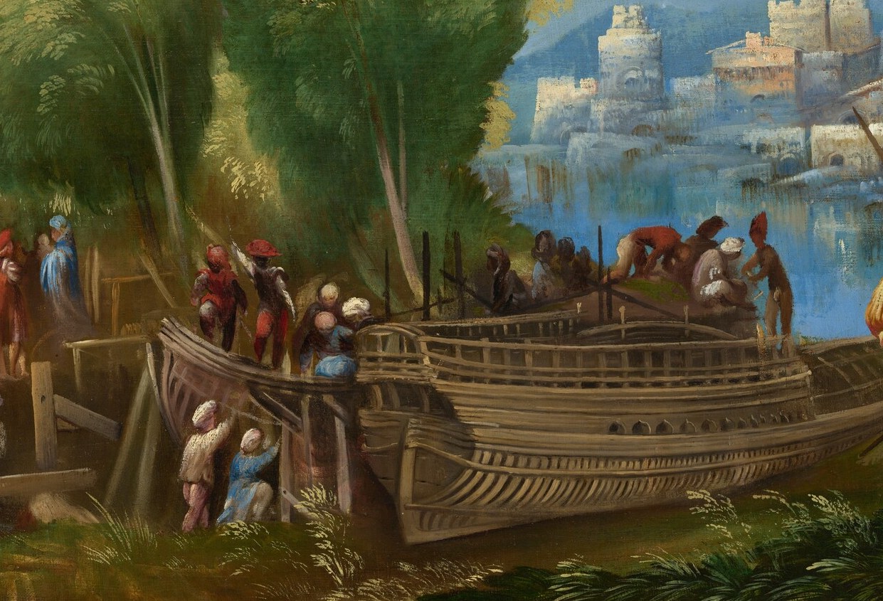 The painting's main subject , a beached vessel whose exposed ribs and planking show the damage from Juno's storm; the physical embodiment of Trojan resilience.