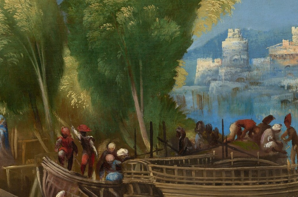 Multiple figures in mid-labor convey collective effort; Dossi renders poses of climbing, bracing, and striking that a slow camera can parse one by one.