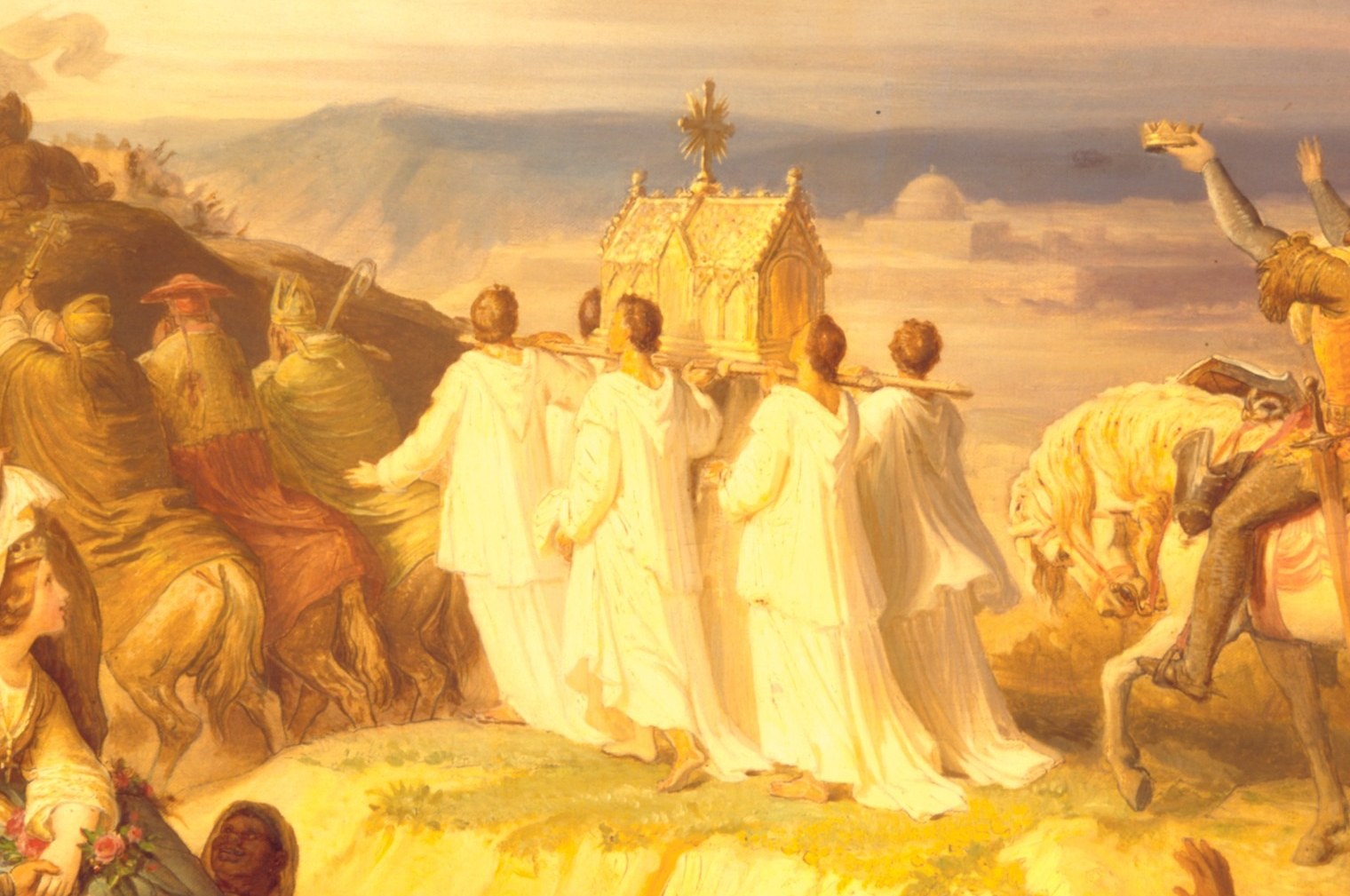 Arms rise. The mass of soldiers becomes a single body in worship.