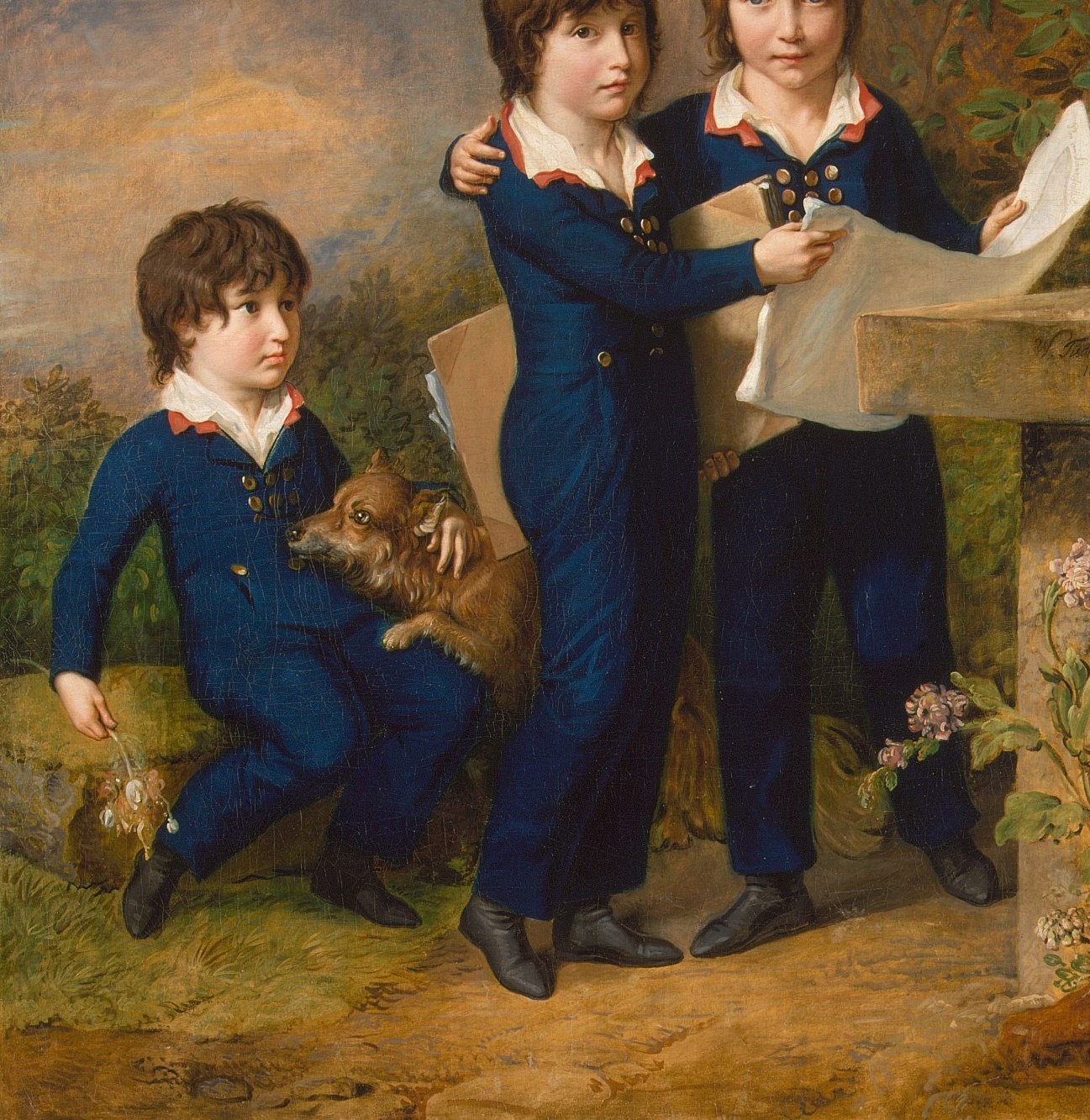 Three brothers. Identical blue suits. 1805.