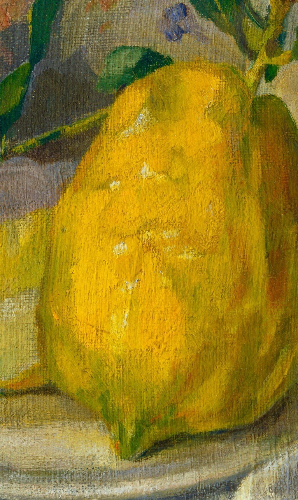 Its rounded form and vibrant yellow hue are central to the composition, suggesting ripeness and abundance.