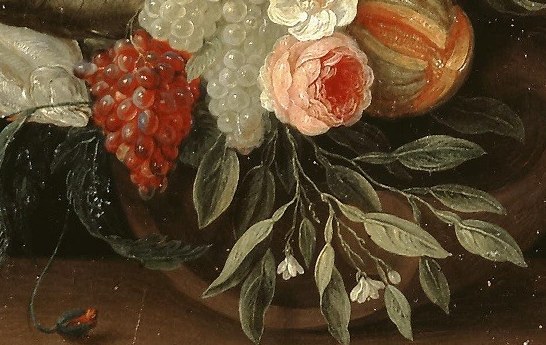 Flowers and fruit symbolize earthly pleasures.