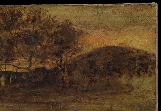 The dominant structural anchor of the composition; its near-black silhouette against the gilded sky creates the painting's fundamental contrast and sense of brooding enclosure.
