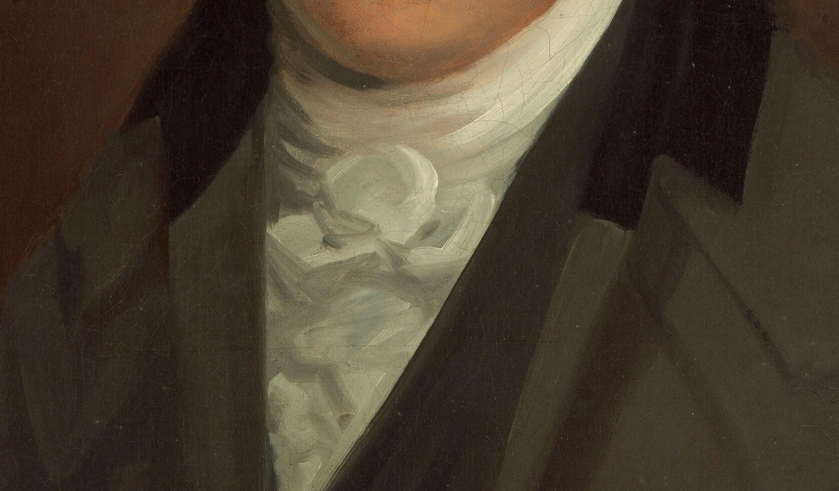 The bright white linen anchors the lower composition and frames the face with light, a deliberate painterly device to draw eyes upward.