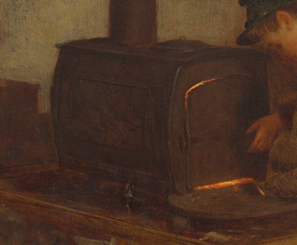 The glowing embers within suggest warmth and the source of light, creating a cozy yet industrious atmosphere.