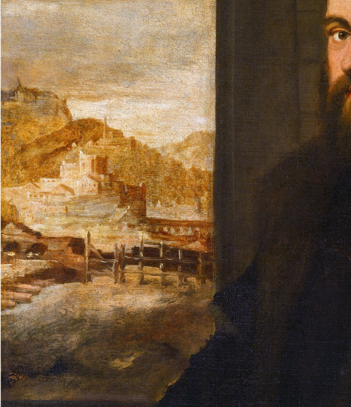 Behind him, a distant coastal town, his territory or origin.