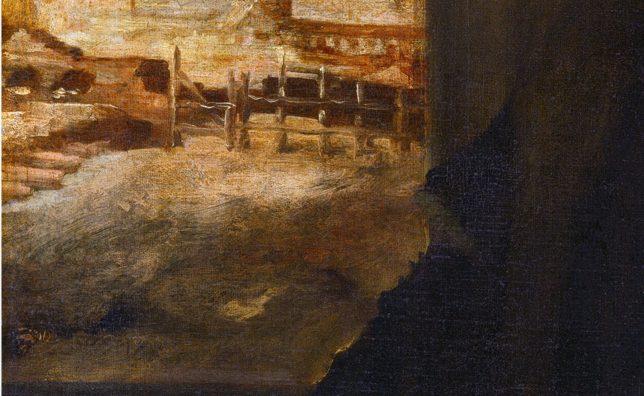 A water channel or lagoon suggests his mercantile identity.